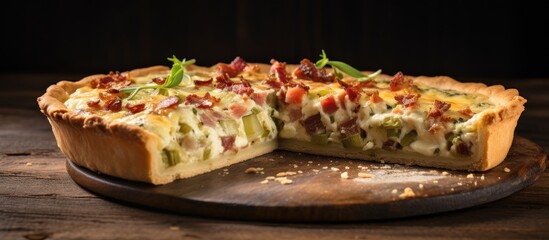 Poster - Leek tart with crispy bacon and melted cheese, garnished with fresh herbs, displayed on a round wooden board against a dark background