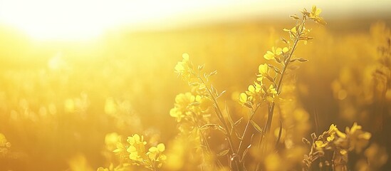 Poster - Vibrant golden rapeseed flowers in a sunlit field at sunset, warm yellow hues create a serene agricultural landscape, ideal for spring themes