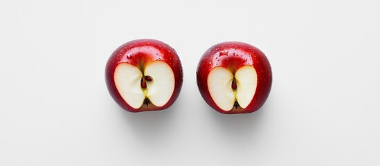 Poster - Red apple halves displayed on a white background with top view perspective showcasing vibrant red skin and fresh white interior in full depth of field