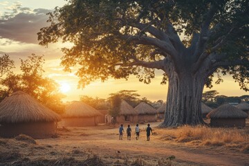 Fototapete - Children play near huts under a baobab tree at sunset in a rural village setting. Generative AI