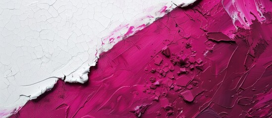 Poster - Vibrant magenta paint texture on white paper background with unique patterns top left and bottom right creating ample copy space center.