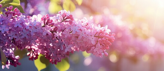 Poster - Vibrant lilac blossoms in shades of pink and purple cascading on a sunny spring day with soft sunlight illuminating the background.
