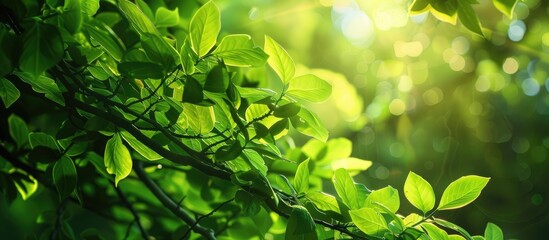 Fototapete - Lush green foliage illuminated by sunlight filtering through branches with a serene blurred background ideal for nature themes and designs