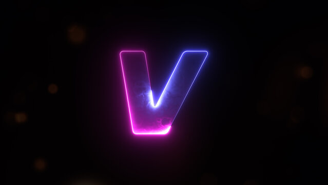 Glowing neon capital Latin alphabet V. English Language Letter V, Neon futuristic effect. Trendy font with glow lighting. Educational concepts