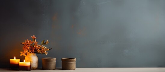Fototapete - Elegant shelf with a grey wall background features a vase with flowers on the left and three burning candles creating a warm ambiance.