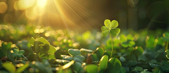 Aufkleber - Clover leaves glisten in warm sunlight with a soft lens flare above creating a serene atmosphere and inviting copy space in the foreground.