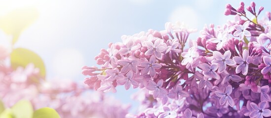 Fototapete - Vibrant lilac flowers in full bloom against a soft blue sky with gentle sunlight, showcasing shades of purple and delicate green leaves on a spring day.