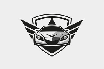 Poster - This design showcases a contemporary logo, emphasizing a stylish car surrounded by wings and a shield, Design a minimalist logo with a modern, automotive flair