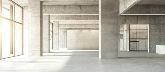 Aufkleber - Open spacious modern office interior with concrete pillars and large windows allowing natural light in bright minimalist design.