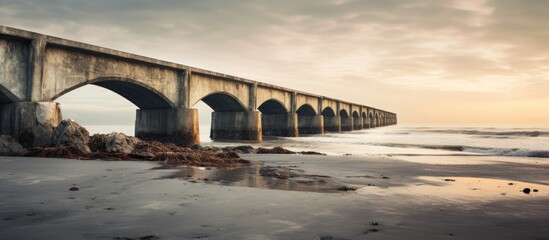 Poster - Abandoned concrete bridge stretching over calm beach waters at sunset with soft sandy shoreline and dramatic cloudy sky tones.