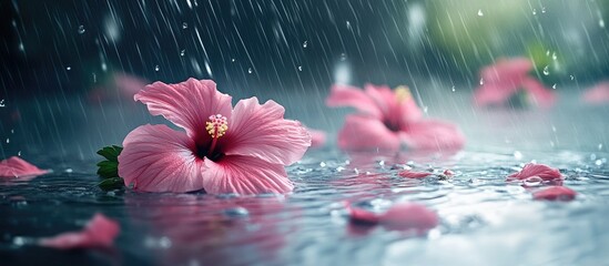 Poster - Pink hibiscus petals float on water with rain falling, creating a serene atmosphere; soft pink flowers and droplets against a blurred green backdrop.