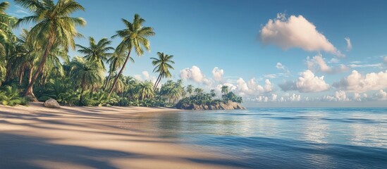 Aufkleber - Tropical beach scene with lush green palm trees on the left, soft golden sand, and calm blue ocean under a clear blue sky with fluffy clouds.