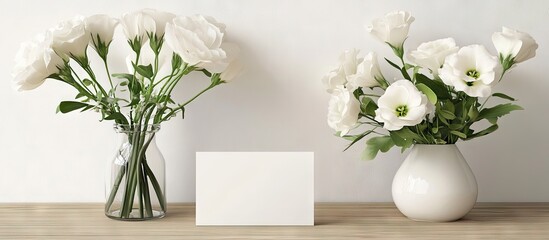 Aufkleber - Elegant white flowers in two glass vases on a wooden table with a blank card centered between them against a minimalistic light background.