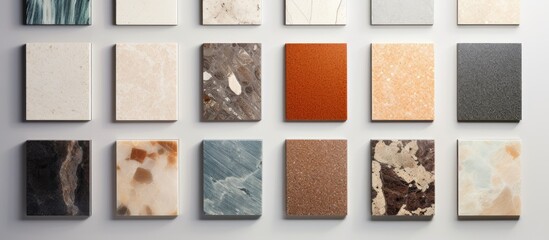 Poster - Colorful samples of marble granite and quartz countertops arranged on a light gray wall showcasing modern finishes for kitchens and bathrooms.