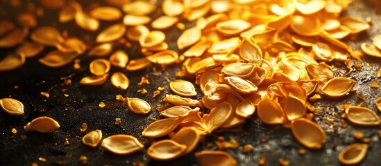 Poster - Golden raw pumpkin seeds scattered on a dark surface with sunlit highlights showcasing their natural texture and organic freshness.