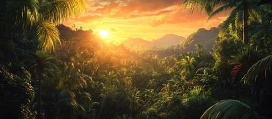 Aufkleber - Tropical sunset over dense green foliage with warm orange and pink hues illuminating the landscape and mountains for a tranquil paradise scene