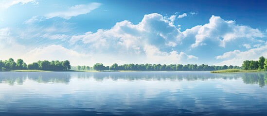 Aufkleber - Serene landscape of a tranquil lake reflecting fluffy white clouds against a bright blue sky with gentle ripples on the water surface
