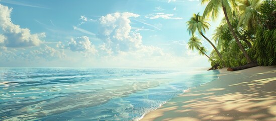 Aufkleber - Serene tropical beach scene during summer with turquoise water, sandy shore, and vibrant green palm trees under a bright blue sky.