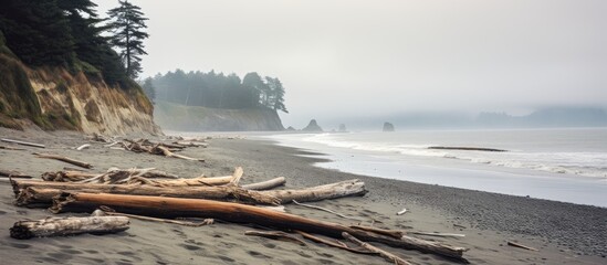 Poster - Moody coastal scene at Seabeck Washington featuring driftwood on a misty beach with dark sand and lush green forest in the background