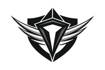 Poster - Contemporary black logo features a geometric shield design accented with stylized wings, Design a sleek and modern logo using only black and white colors