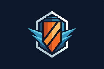 Poster - A sleek logo design showcases a geometric shield with a battery and wings, emphasizing modern aesthetics, Design a sleek and modern logo with a geometric representation of a battery icon