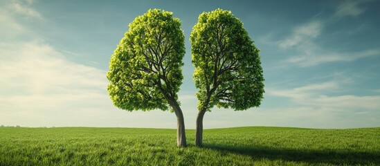 Leinwandbilder - Lush green trees resembling lungs in expansive grassy field under clear blue sky, symbolizing fresh air and nature's vitality.