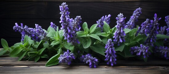 Poster - Vibrant purple Salvia officinalis flowers with lush green leaves on aged wooden surface, evoking natural beauty and herbal freshness.
