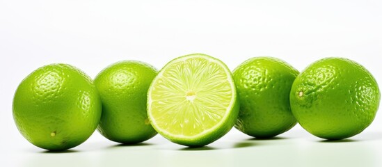 Poster - Fresh bright green limes arranged in a row on a white background with one lime cut in half showcasing its juicy interior and textured skin