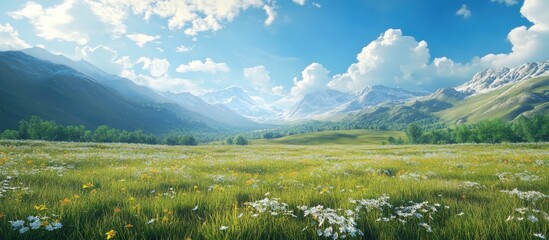Leinwandbilder - Vibrant green meadow under a bright blue sky dotted with fluffy clouds surrounded by majestic mountains in a serene summer landscape.