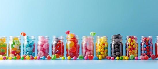 Poster - Colorful assorted candies in clear jars aligned on a soft blue backdrop with ample space for text creating a vibrant and playful atmosphere.