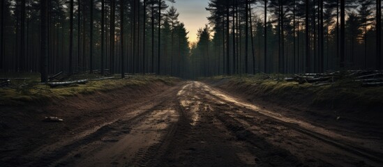 Aufkleber - Forest road leading into dark woods with tire marks on wet mud under soft evening light and tall, shadowy trees on either side.