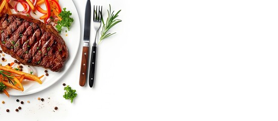 Aufkleber - Grilled meat steak on a white plate with sauce, vibrant carrots and herbs, accompanied by knife and fork on the left side, bright background