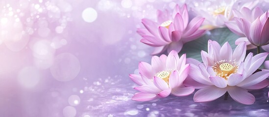 Poster - Floating pink and light purple lotus flowers with soft sparkles on a gentle purple background creating a serene and dreamy atmosphere
