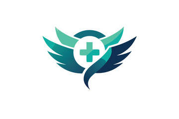Poster - A contemporary logo design features elegant wings and a medical cross, symbolizing health technology, Design a sleek logo for a tech-focused educational startup