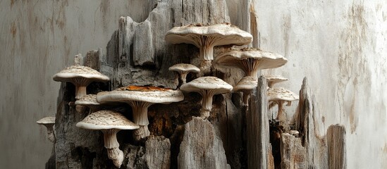 Poster - Mushrooms clustered on weathered wooden trunk showcasing earthy tones of beige and brown representing the soothing connection of nature to mental health