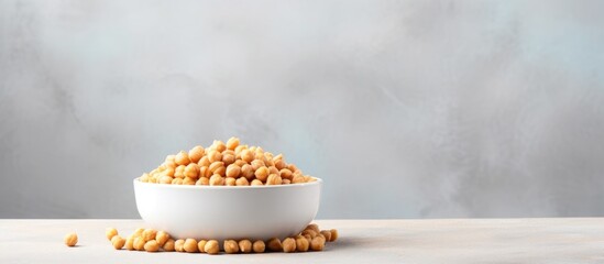 Aufkleber - Chickpeas in a white bowl with a mound of legumes on a light wooden surface against a soft grey blurred background with space for text.