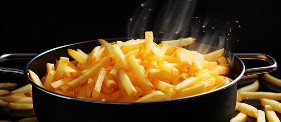 Poster - Cooking French fries in a black pot with golden fries and steam on a dark background showcasing the delicious texture and crispy appearance.