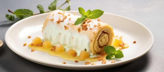 Poster - Delicious roll cake filled with pineapple jam on a white plate garnished with mint leaves and crushed nuts with a light grey background