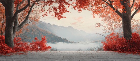 Fototapete - Autumn landscape featuring vibrant red beech trees in the foreground, with misty mountains creating a serene backdrop under soft light.