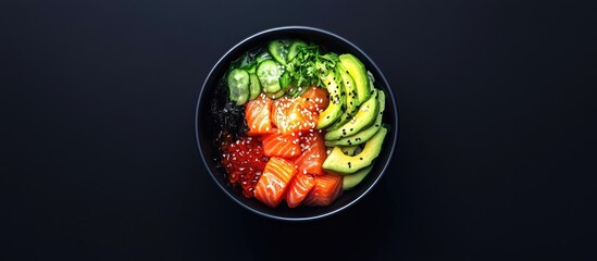 Poster - Vibrant poke bowl featuring fresh salmon, sliced avocado, cucumber, and green onions arranged beautifully in a black bowl on a dark background.