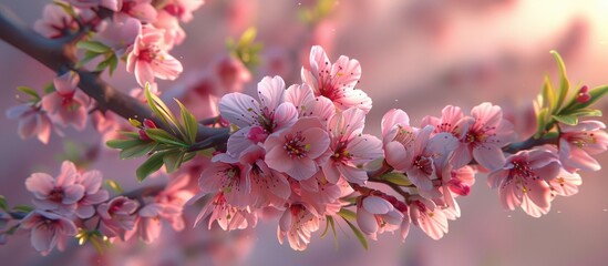 Fototapete - Delicate pink blossoms on a peach tree branch with soft green leaves in a blurred light background creating ample space for text and design elements