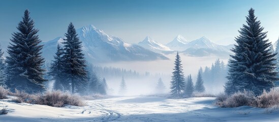 Aufkleber - Misty snowy mountain landscape with tall fir trees in foreground, soft pastel sky, and ample copyspace for text in vintage retro style