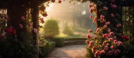 Poster - Tranquil garden entrance showcasing an open gate adorned with roses on either side, revealing lush greenery and a warm glow in the background