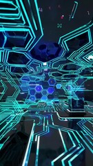 Poster - Futuristic neon circuit room transforms into digital space with hexagonal patterns