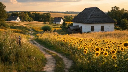 Poster - Serene sunflower fields and rustic houses along a winding path in the countryside during golden hour light. Generative AI