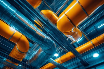 Poster - Ventilation system pipes creating industrial abstract in factory ceiling