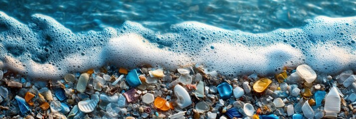 Aufkleber - Plastic fragments mix with ocean waves, highlighting pollution along the shoreline. Generative AI