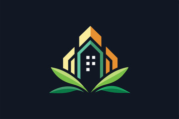 Poster - A minimalist logo illustrates growth through stylized buildings and lush green leaves symbolizing nature, Design a minimalist logo that represents growth and progress