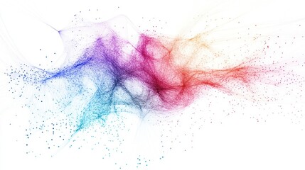 Abstract colorful particle network design on white background.