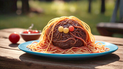 Wall Mural - colorful plate of spaghetti made from gum, featuring vibrant strands and playful candy toppings, evokes sense of fun and creativity